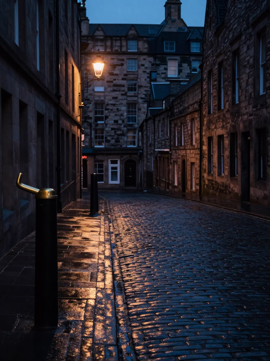 Dawn light on Edinburgh cobblestones with brass handle and leaf shadows in in Edinburgh, United Kingdom