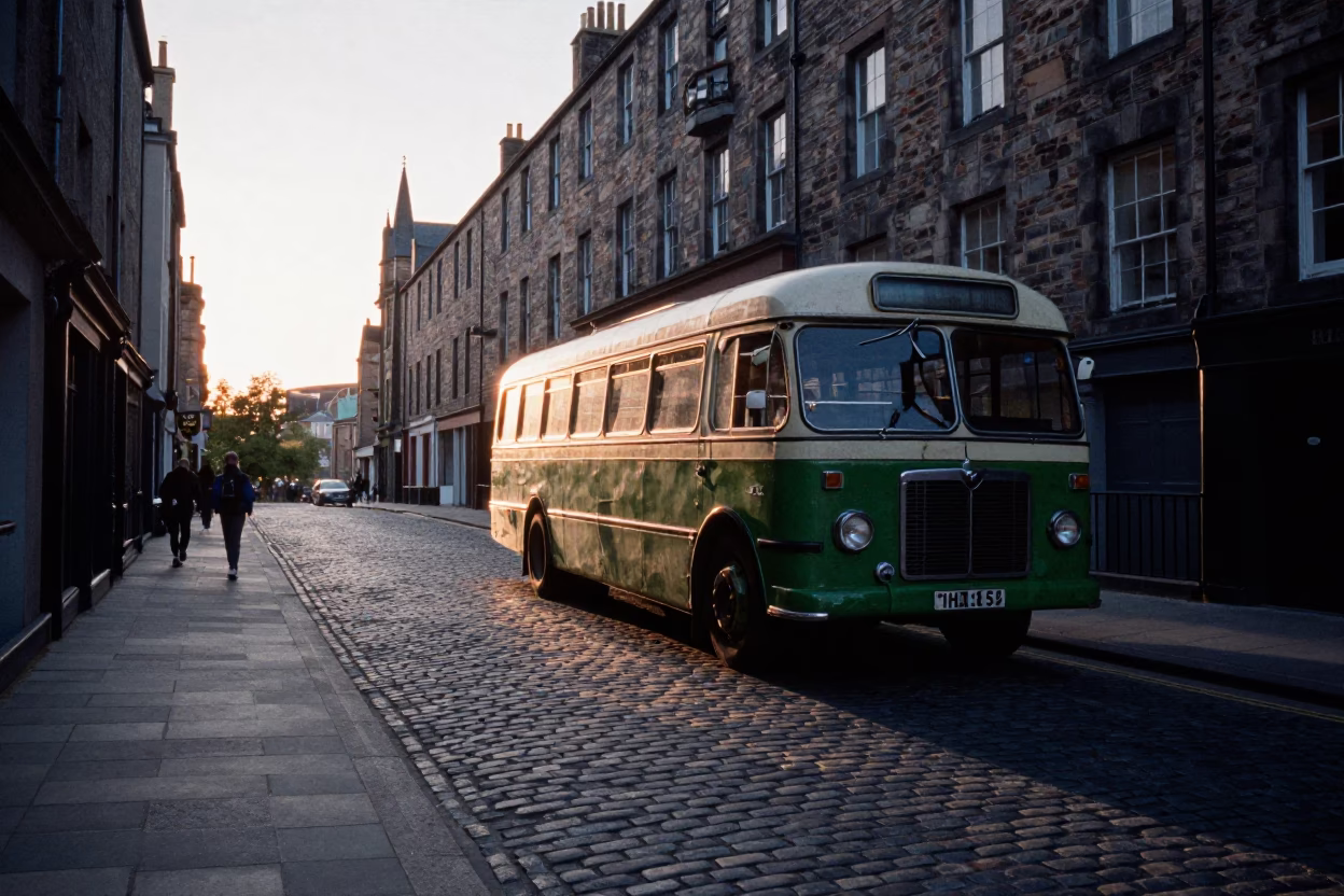 Dawn Light on Edinburgh Cobblestones with Old Bedford Bus and Hinge Detail in in Edinburgh, United Kingdom