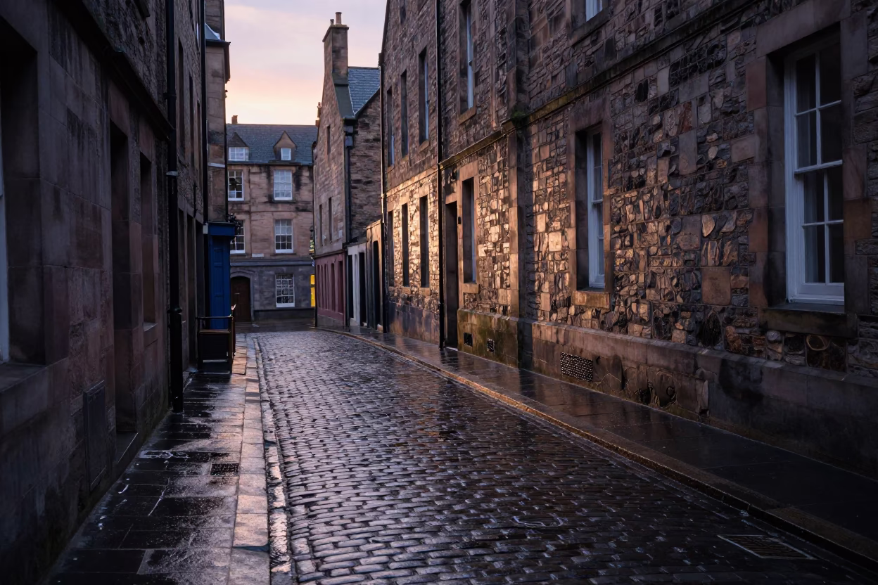 Dawn Light on Edinburgh Cobblestones with Water Rings and Urban Texture in in Edinburgh, United Kingdom