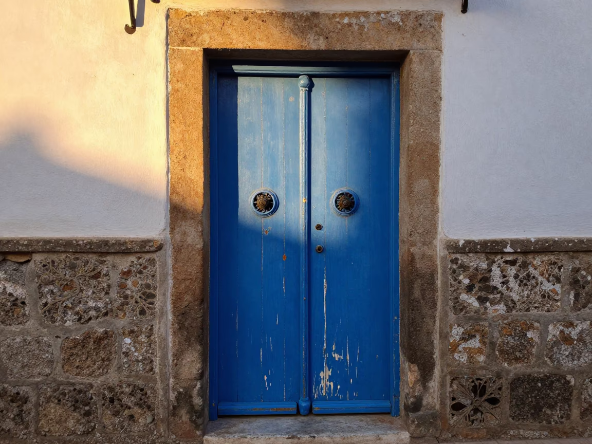 Dawn Light on Essaouira Blue Door and Stone Wall in in Essaouira, Morocco