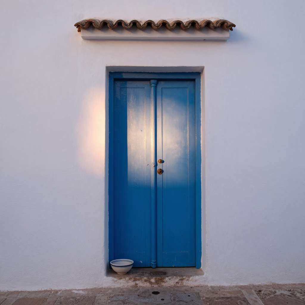 Dawn Light on Essaouira Blue Door with Ceramic Bowl and Olive Oil in in Essaouira, Morocco