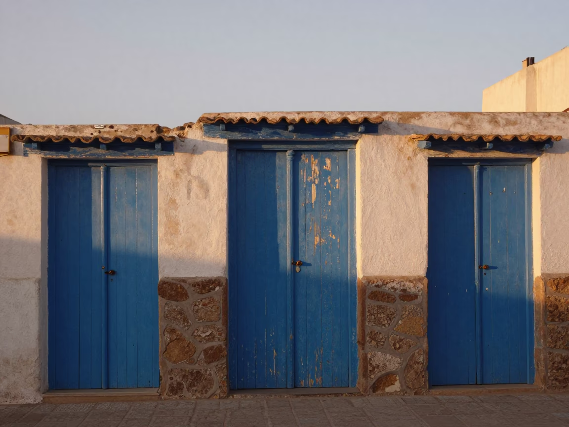 Dawn Light on Essaouira Blue Portals and Coastal Stone Walls in in Essaouira, Morocco