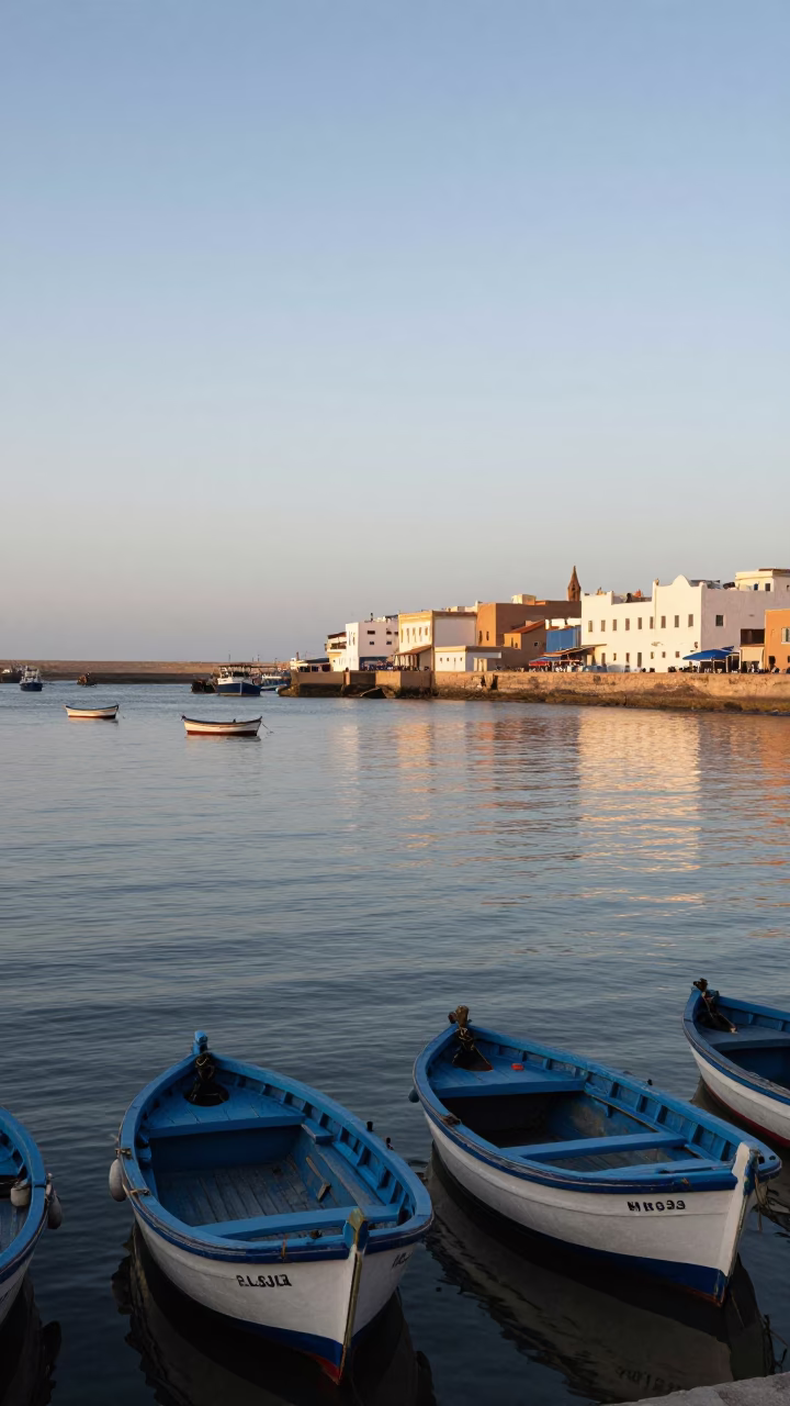 Dawn Light on Essaouira Port Fishing Boats and Traditional Wooden Stools in in Essaouira, Morocco