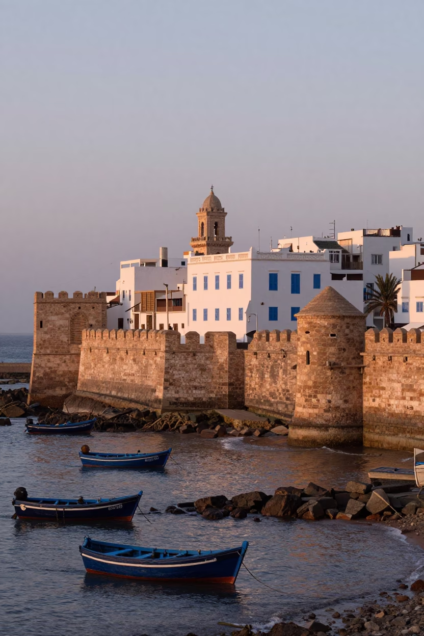 Dawn light on Essaouira ramparts with fishing boats and historic architecture in in Essaouira, Morocco