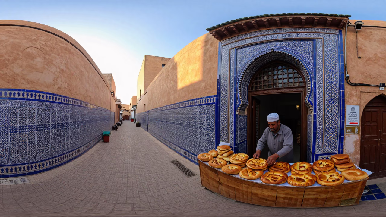 Dawn Light on Fez Medina Alleyway with Ceramic Tiles and Street Vendor in in Fez, Morocco