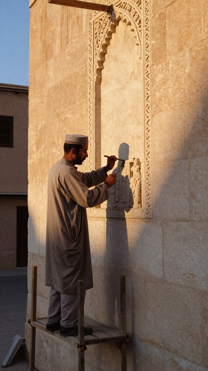 Dawn Light on Fez Medina Stonemason Carving Limestone Detail in in Fez, Morocco