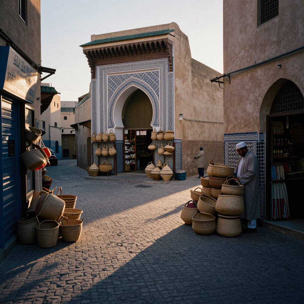 Dawn light on Fez medina street with woven baskets and local commerce in in Fez, Morocco