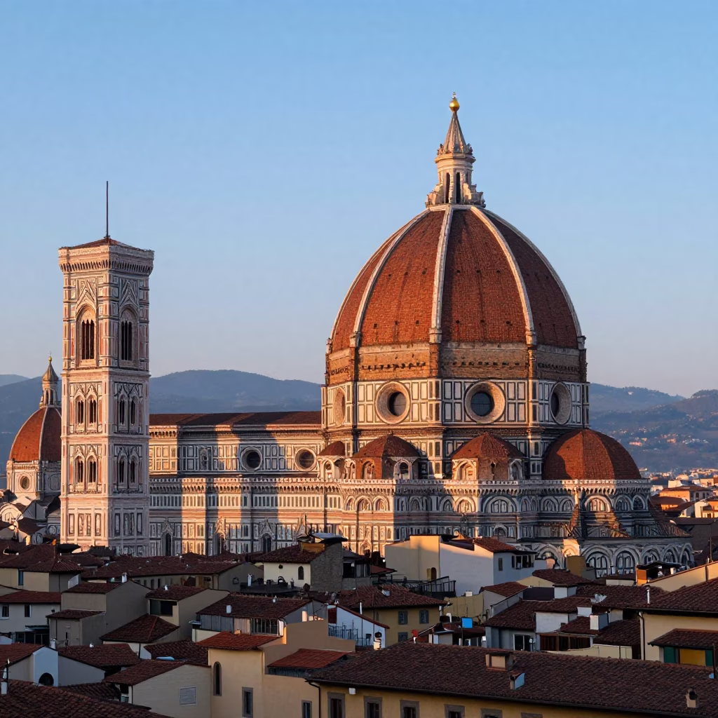 Dawn Light on Florence Cathedral Dome and Bell Tower with Street Life in in Florence, Italy