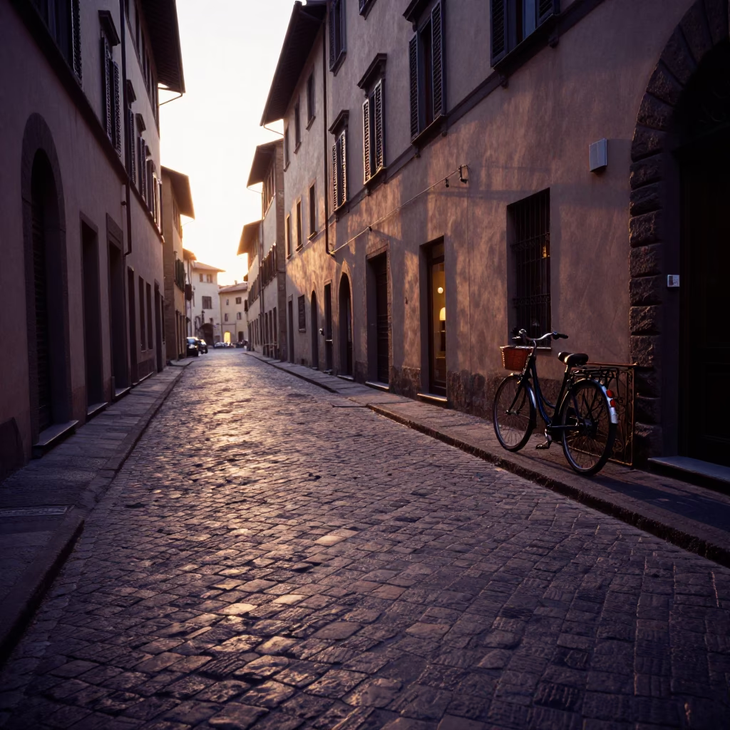 Dawn Light on Florence Cobblestone Street with Bicycle and Bakery Display in in Florence, Italy