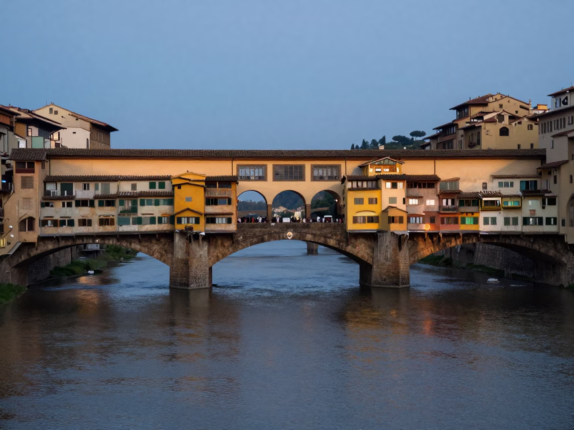 Dawn Light on Florence Ponte Vecchio Arches and Arno River in in Florence, Italy