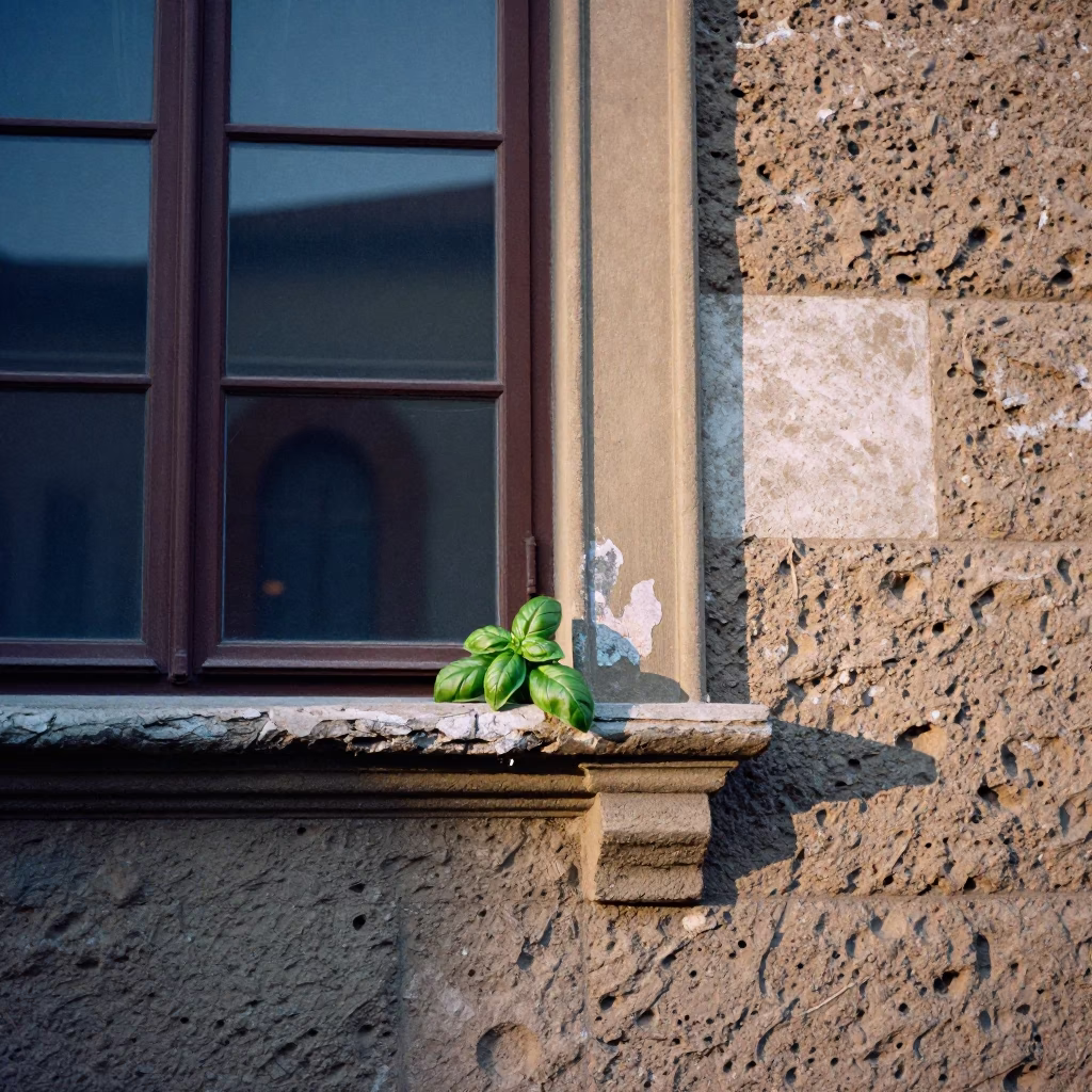Dawn Light on Florence Stone Facade with Basil and Paint Flecks in in Florence, Italy