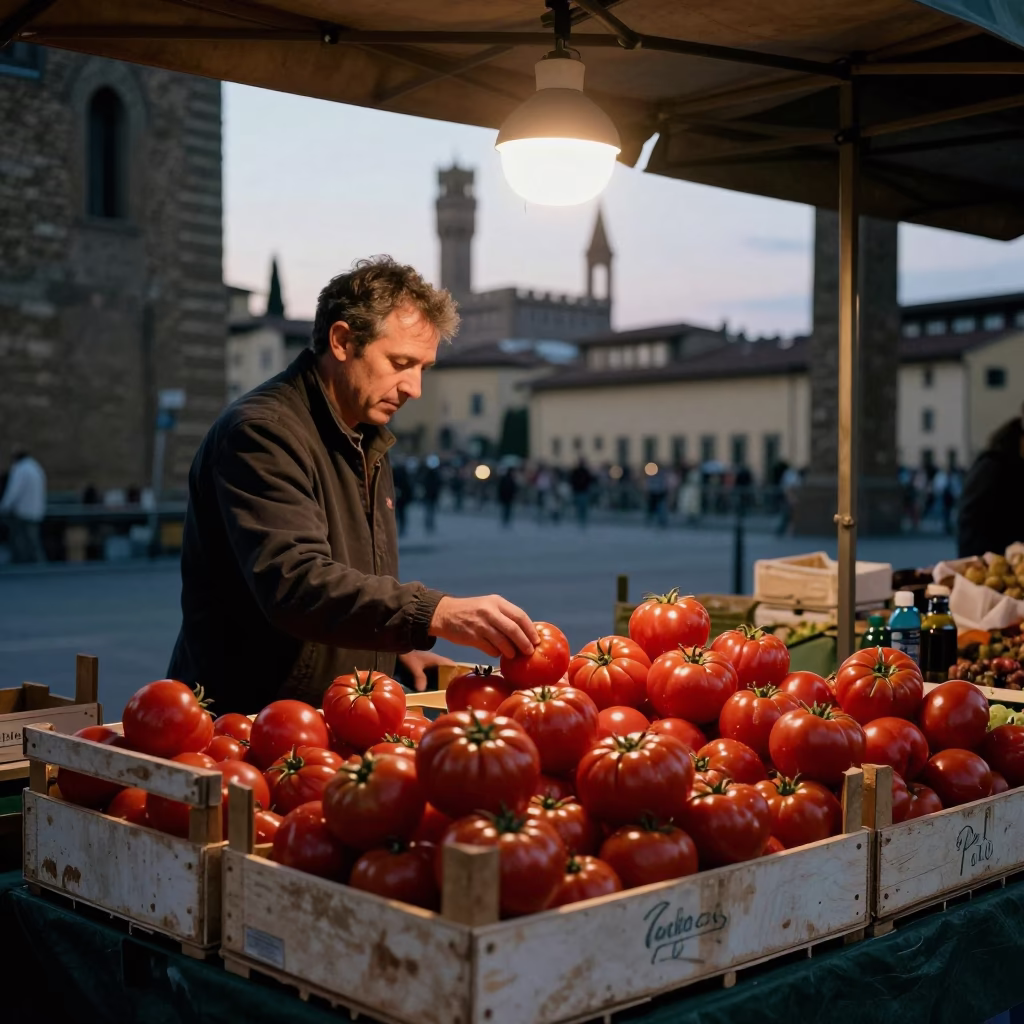 Dawn Light on Florentine Market Stall with Fresh Tomatoes and Local Commerce in in Florence, Italy