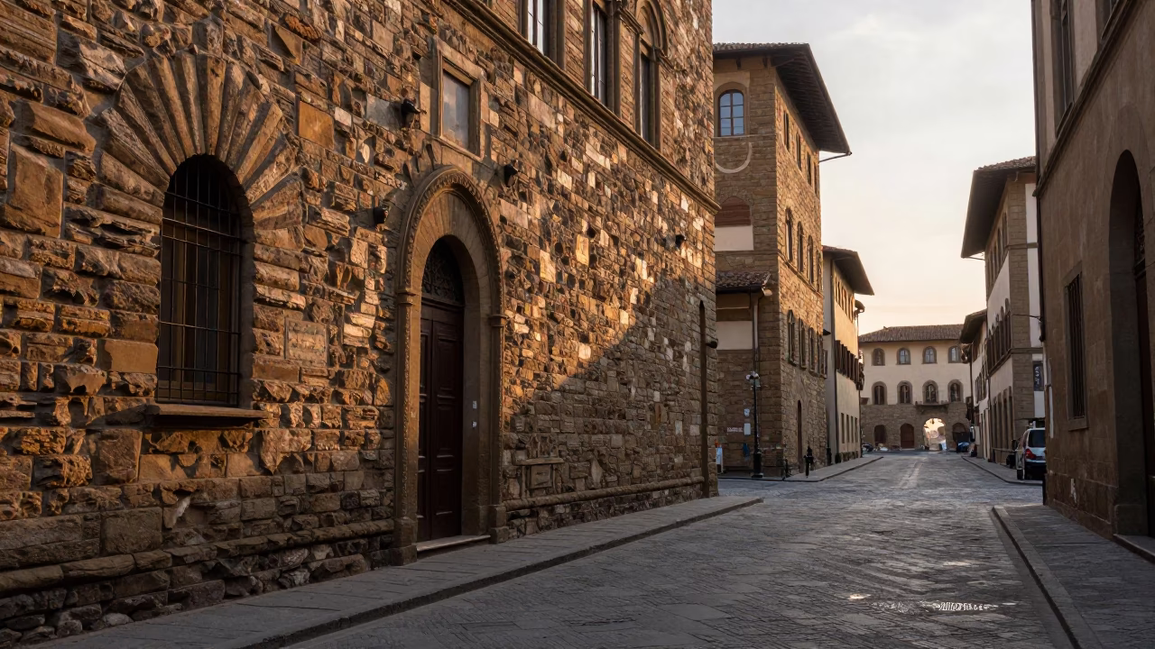 Dawn Light on Florentine Stone and Cobblestone Street with Water Rings in in Florence, Italy