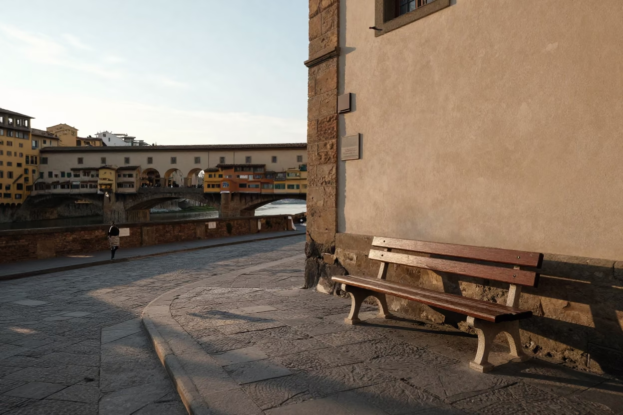 Dawn Light on Florentine Street Corner with Park Bench and Water Bottle in in Florence, Italy