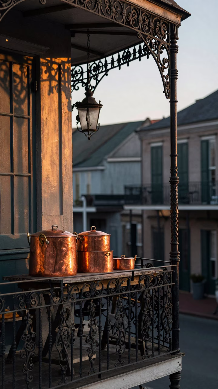Dawn Light on French Quarter Balcony with Copper Pots and Glass Tumblers in in New Orleans, Louisiana, United States
