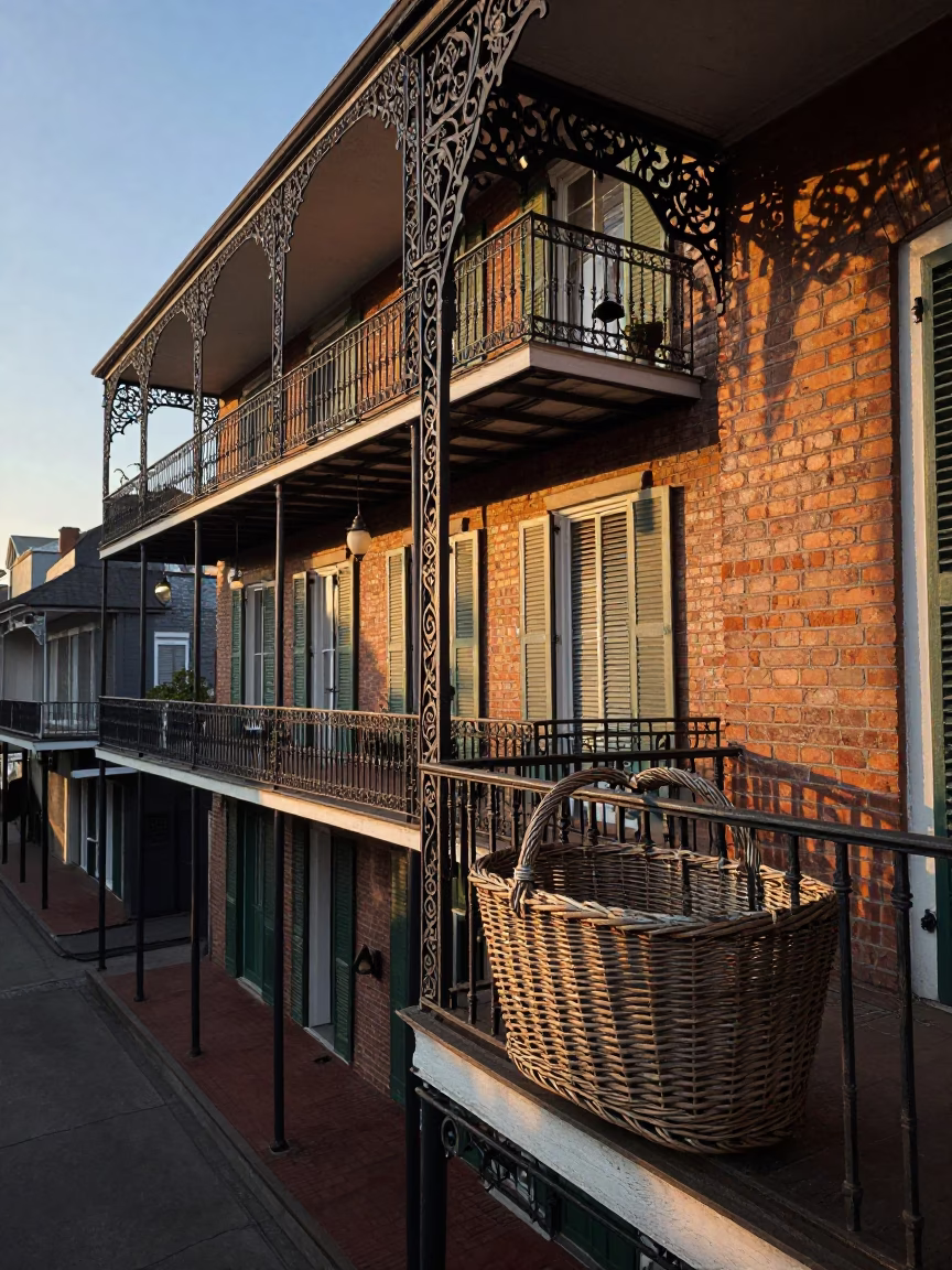 Dawn Light on French Quarter Balcony with Wicker Hamper and Morning Glory Clouds in in New Orleans, Louisiana, United States