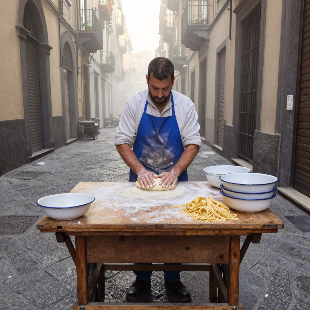 Dawn Light on Fresh Pasta in Naples in in Naples, Italy