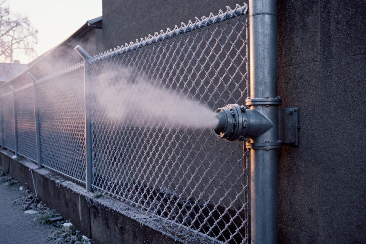 Dawn Light on Frosty District Heating Pipes and Viennese Street Corner in in Vienna, Austria
