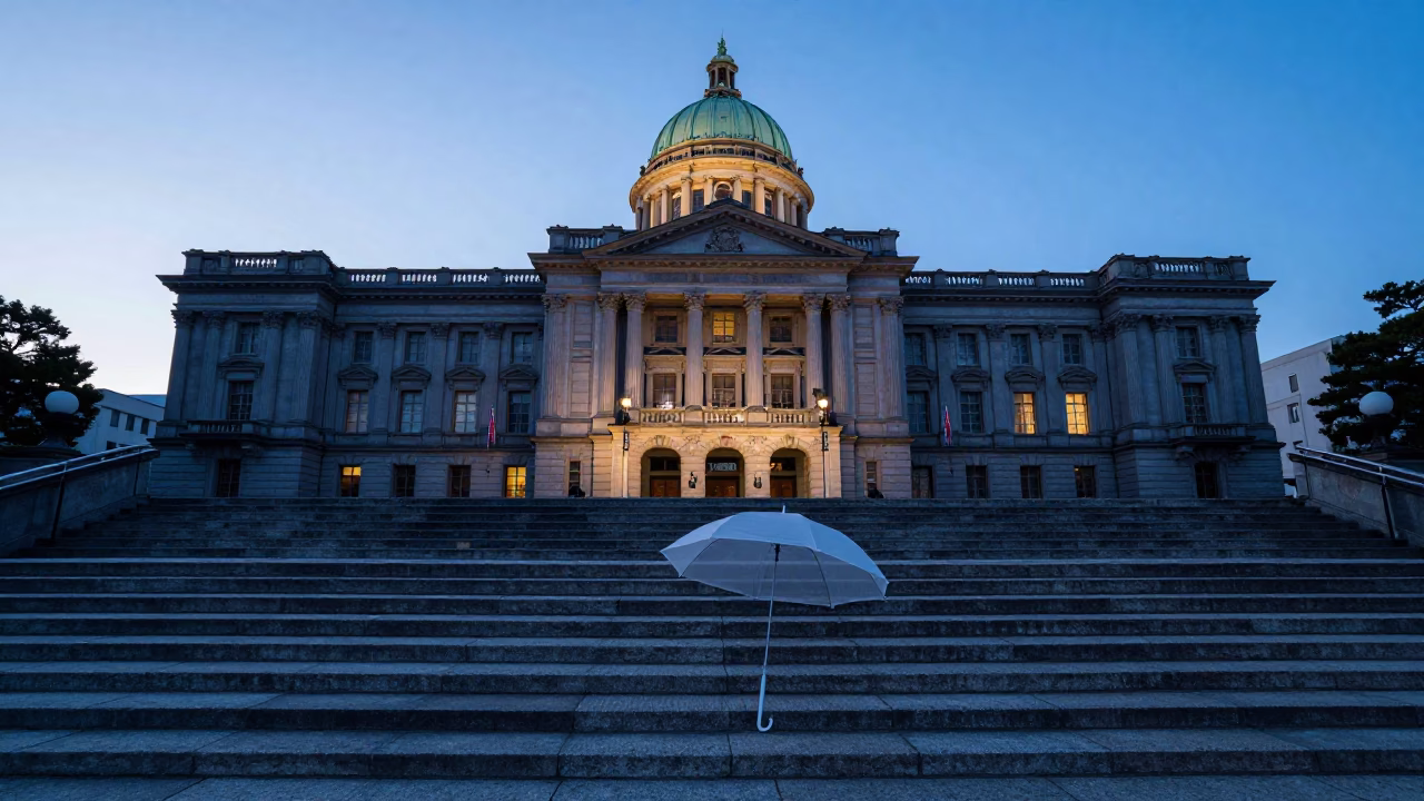 Dawn Light on Fukuoka City Hall Steps with Umbrella Stand and Cityscape in in Fukuoka, Japan