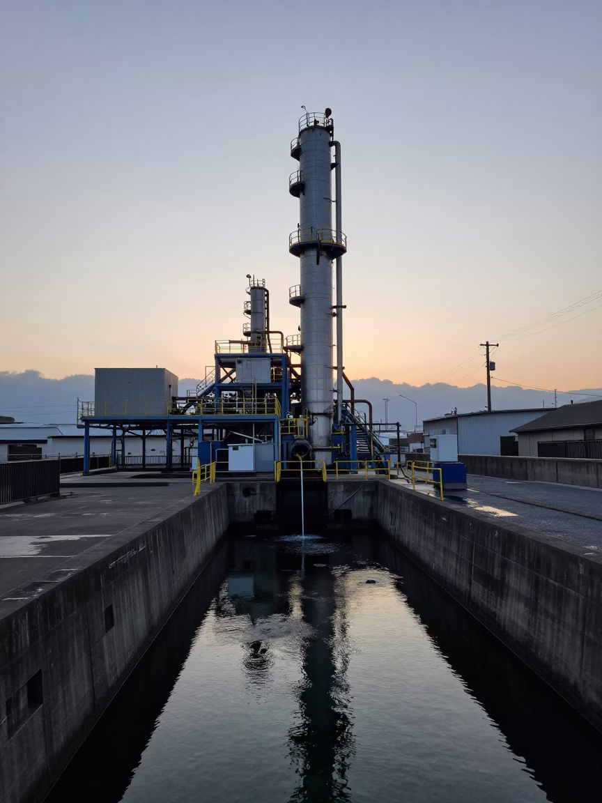 Dawn light on Fukuoka industrial canal pumping station and rail infrastructure in in Fukuoka, Japan