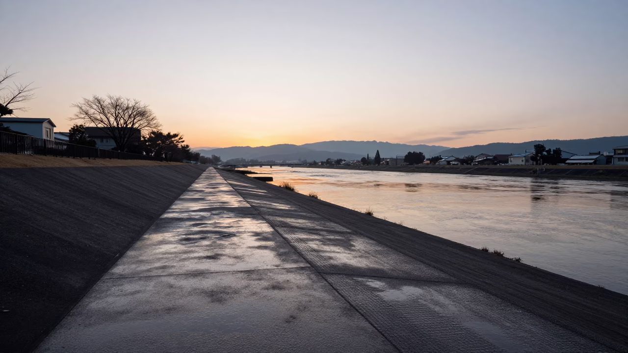 Dawn Light on Fukuoka Levee Path After Flood Recedes with Hydrangea Bush in in Fukuoka, Japan