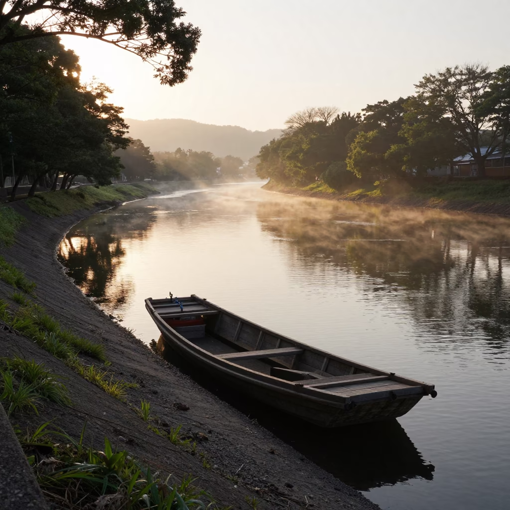 Dawn light on Fukuoka riverbank with wooden barge and misty tree-lined canal in in Fukuoka, Japan