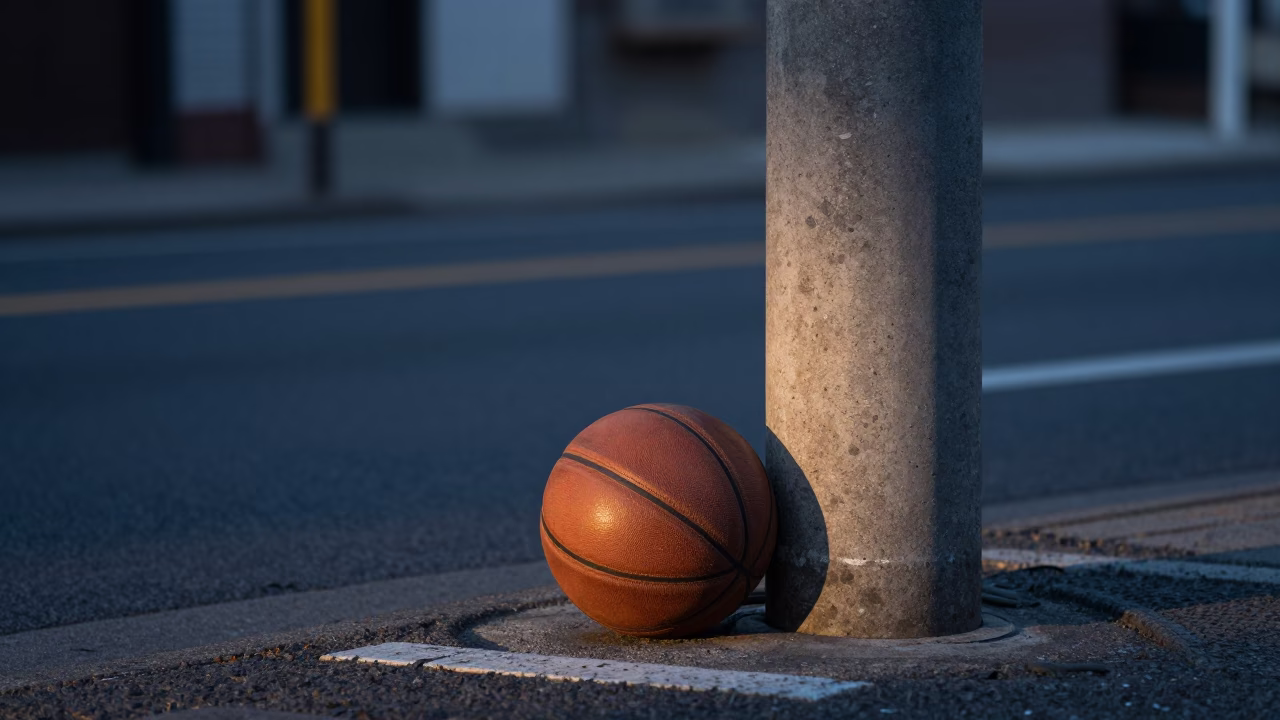 Dawn Light on Fukuoka Street Corner with Old Leather Basketball and Cherry Blossoms in in Fukuoka, Japan