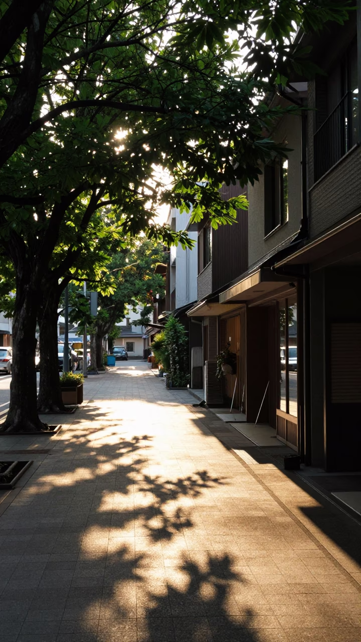 Dawn Light on Fukuoka Street with Leaf Shadows and Vintage Motorcycle in in Fukuoka, Japan
