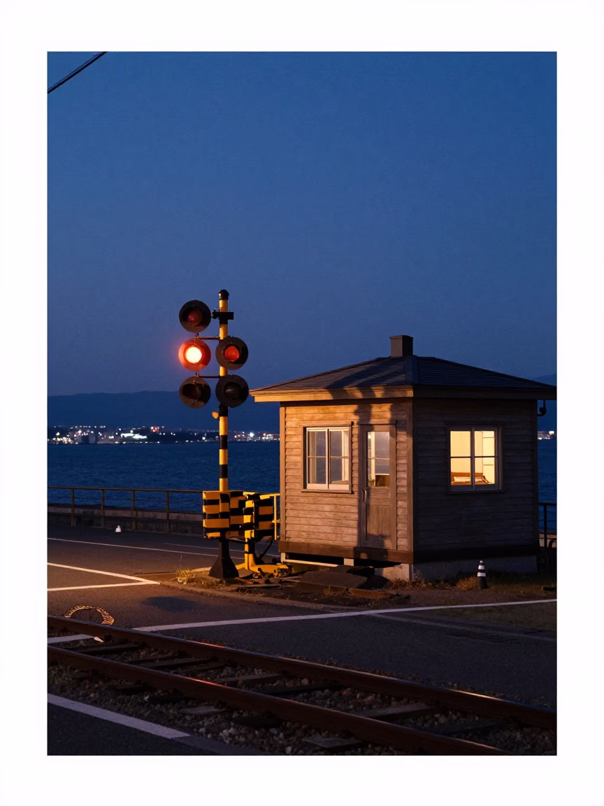 Dawn Light on Fukuoka Street with Railway Signal Cabin and Cargo Bicycle in in Fukuoka, Japan