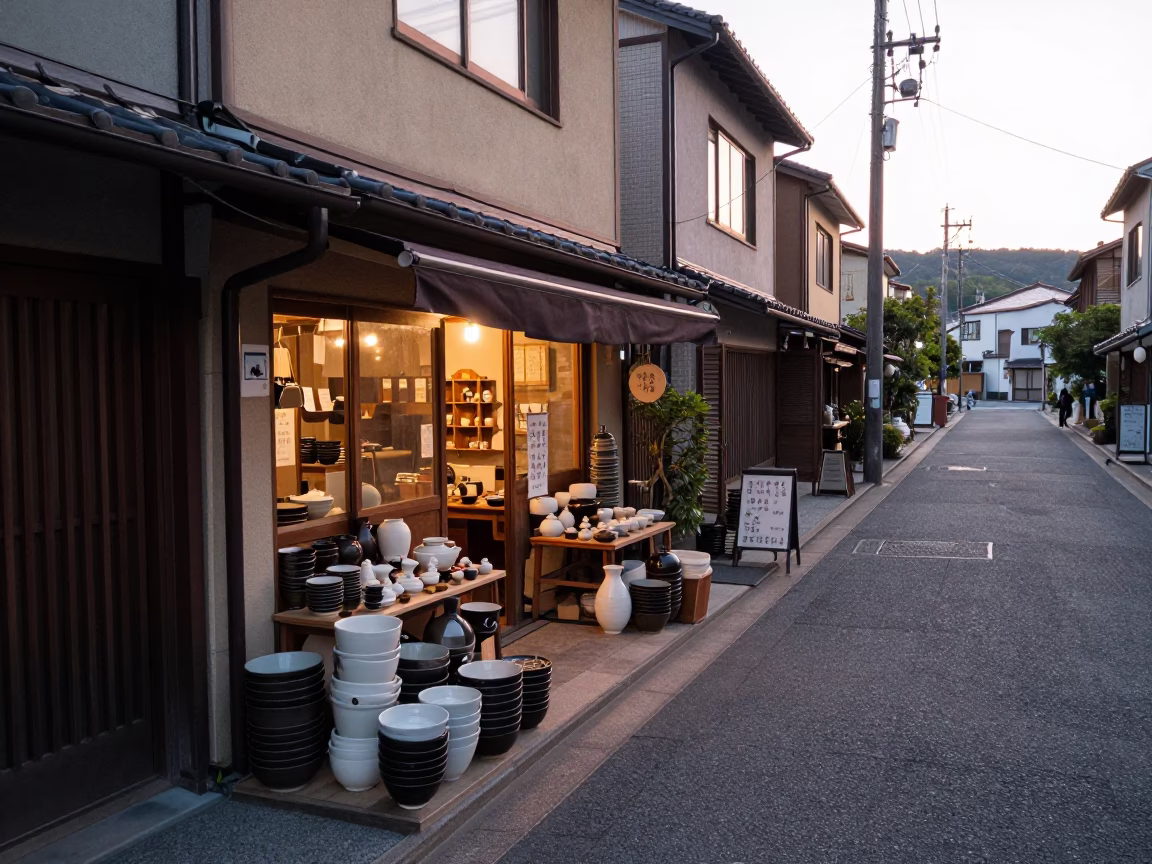 Dawn Light on Fukuoka Street with Stacked Pottery Wares and Blue White Porcelain Jar in in Fukuoka, Japan