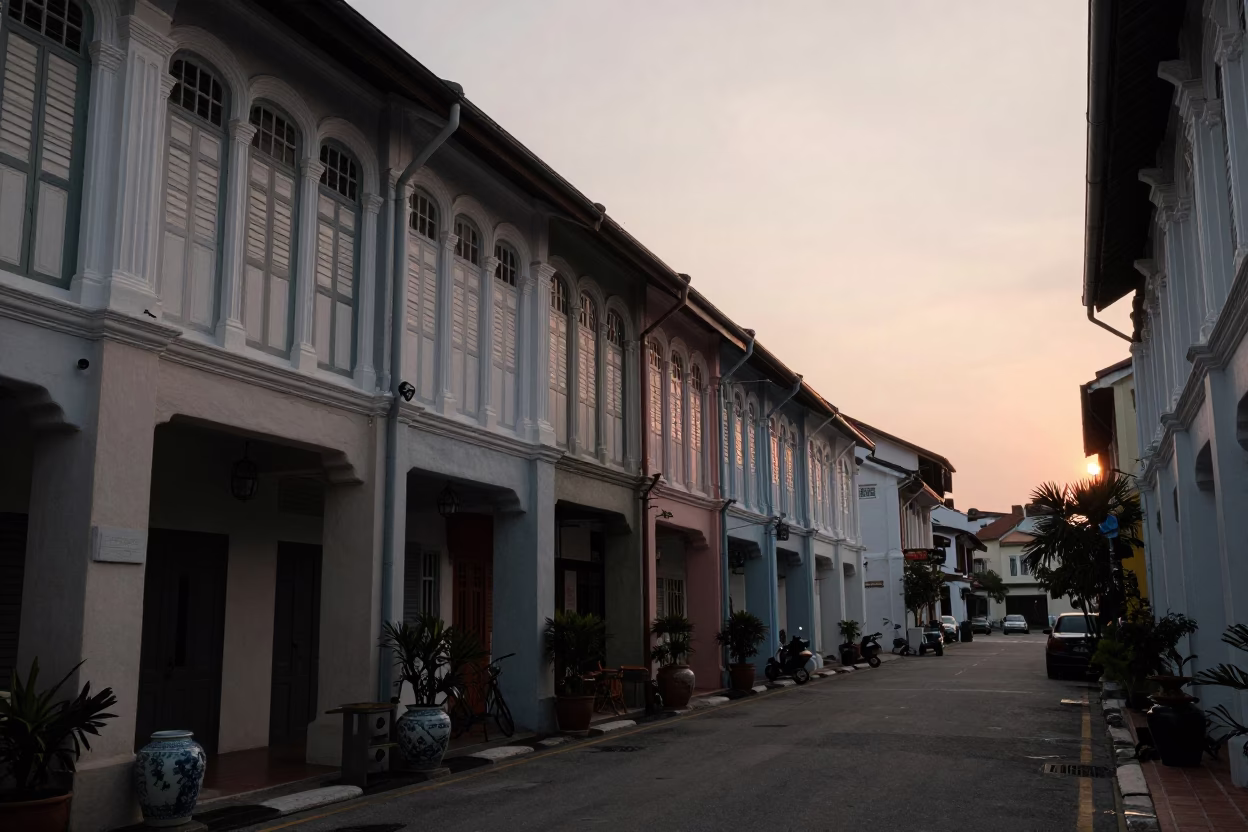 Dawn Light on George Town Heritage Shophouses with Porcelain Jar and Quiet Morning Street in in George Town, Malaysia