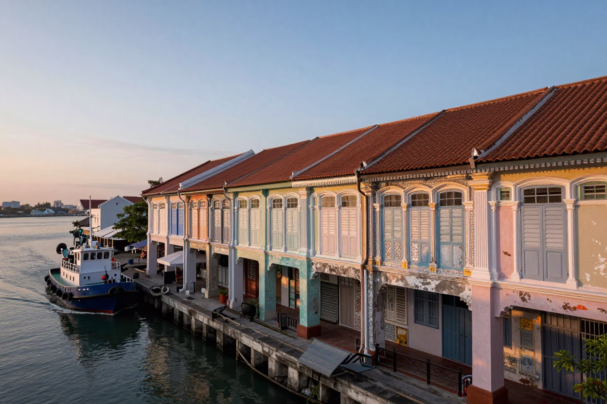 Dawn Light on George Town Malaysia Shophouses with Tugboat and Harbor Activity in in George Town, Malaysia