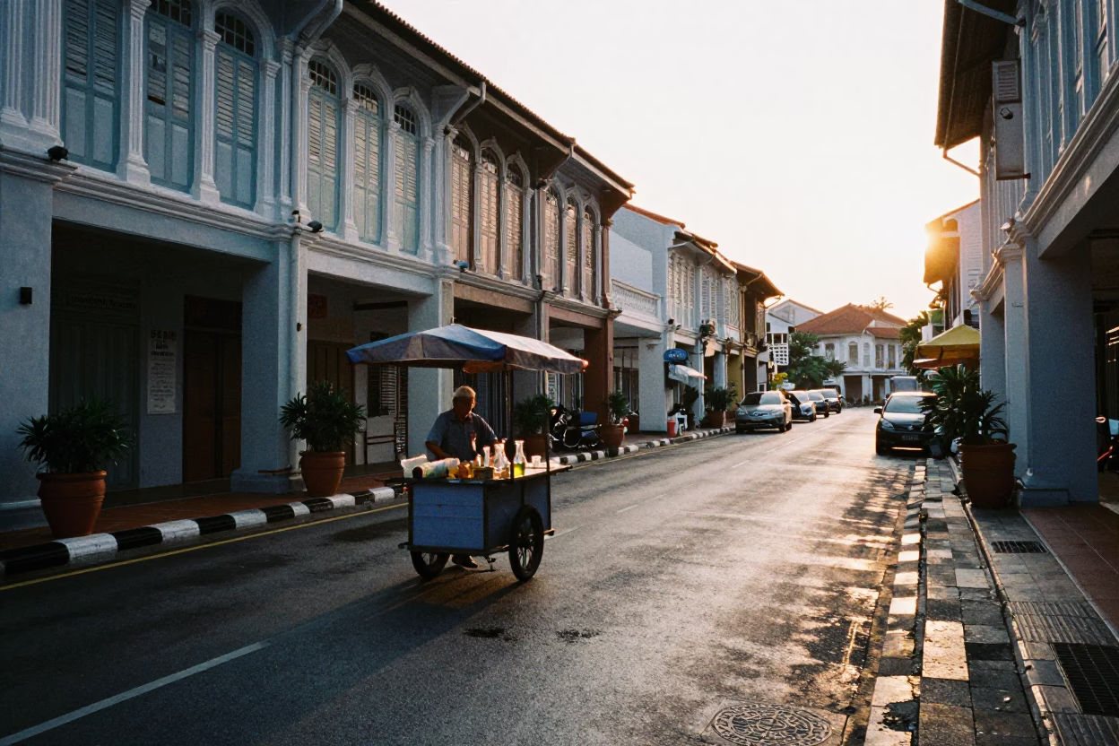 Dawn Light on George Town Street with Glass Carafe and Local Breakfast Scene in in George Town, Malaysia