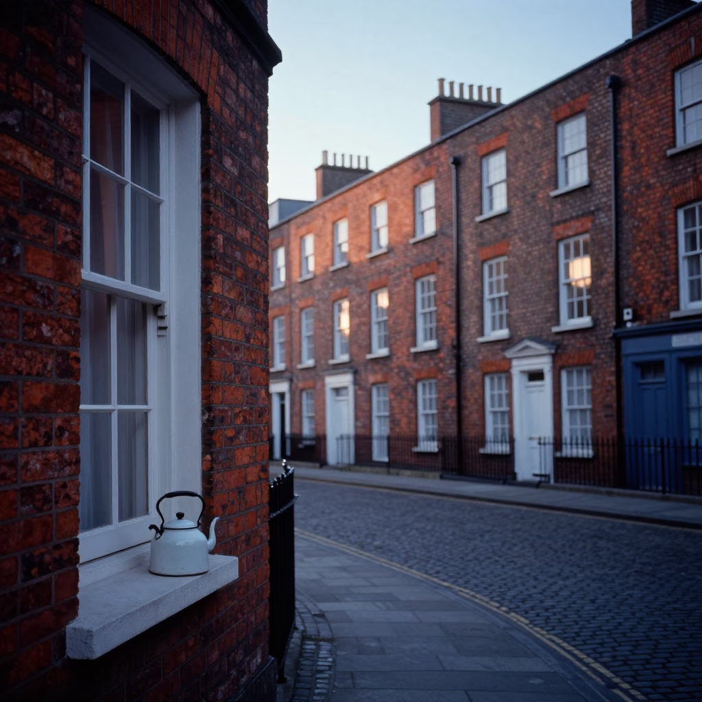 Dawn Light on Georgian Dublin Street with Vintage Kettle and Soap Residue in in Dublin, Ireland