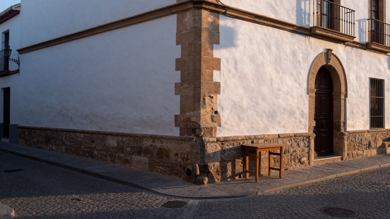 Dawn light on Granada Spain street corner with stone wall and local breakfast items in in Granada, Spain