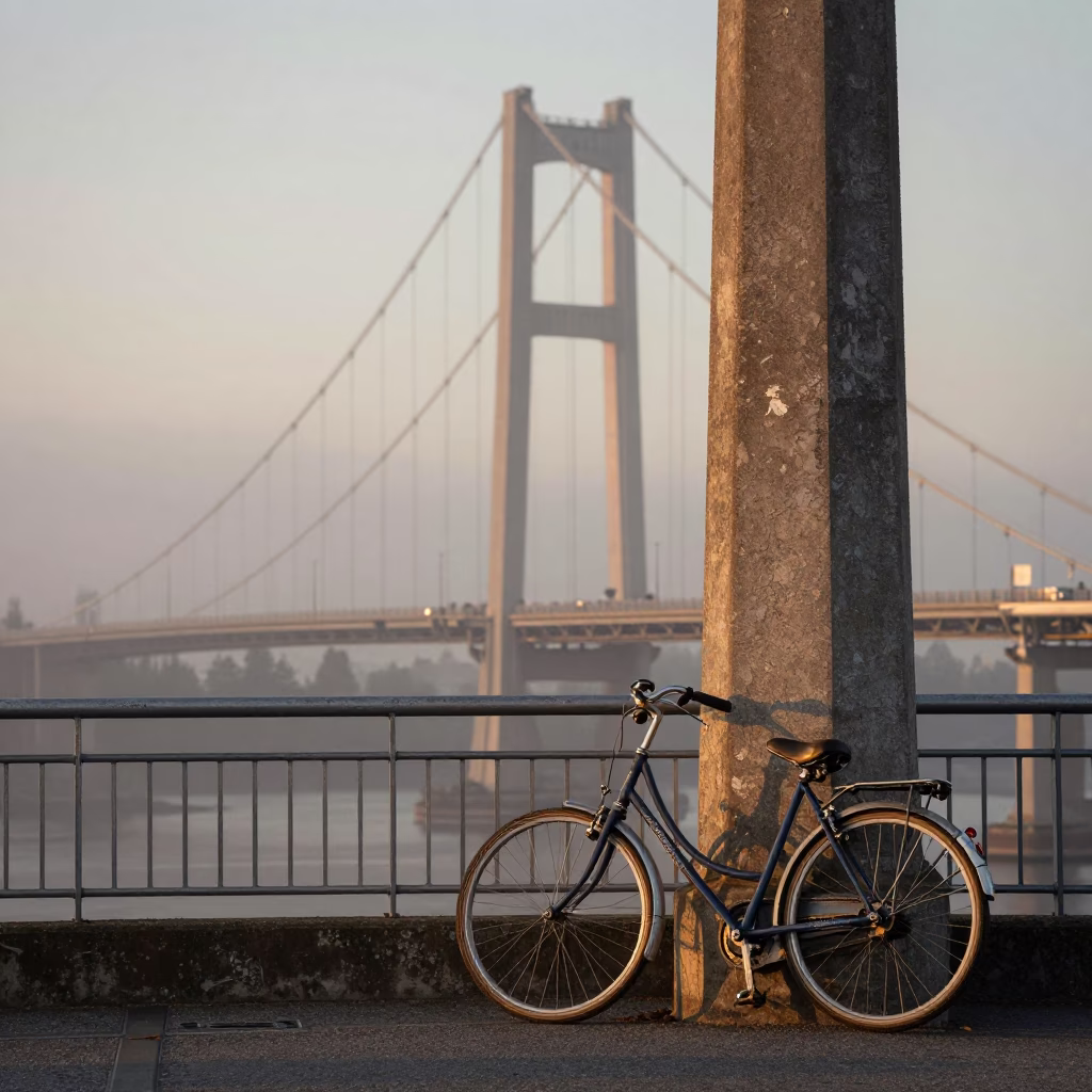 Dawn Light on Granville Island Bridge with Vintage Bicycle and Aerial Tramway in Vancouver in in Vancouver, British Columbia, Canada