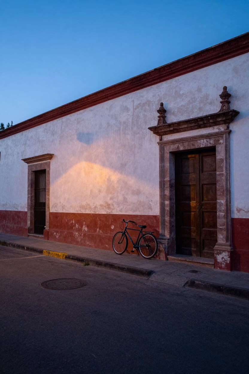 Dawn Light on Guadalajara Street Corner with Bicycle and Urban Details in in Guadalajara, Mexico