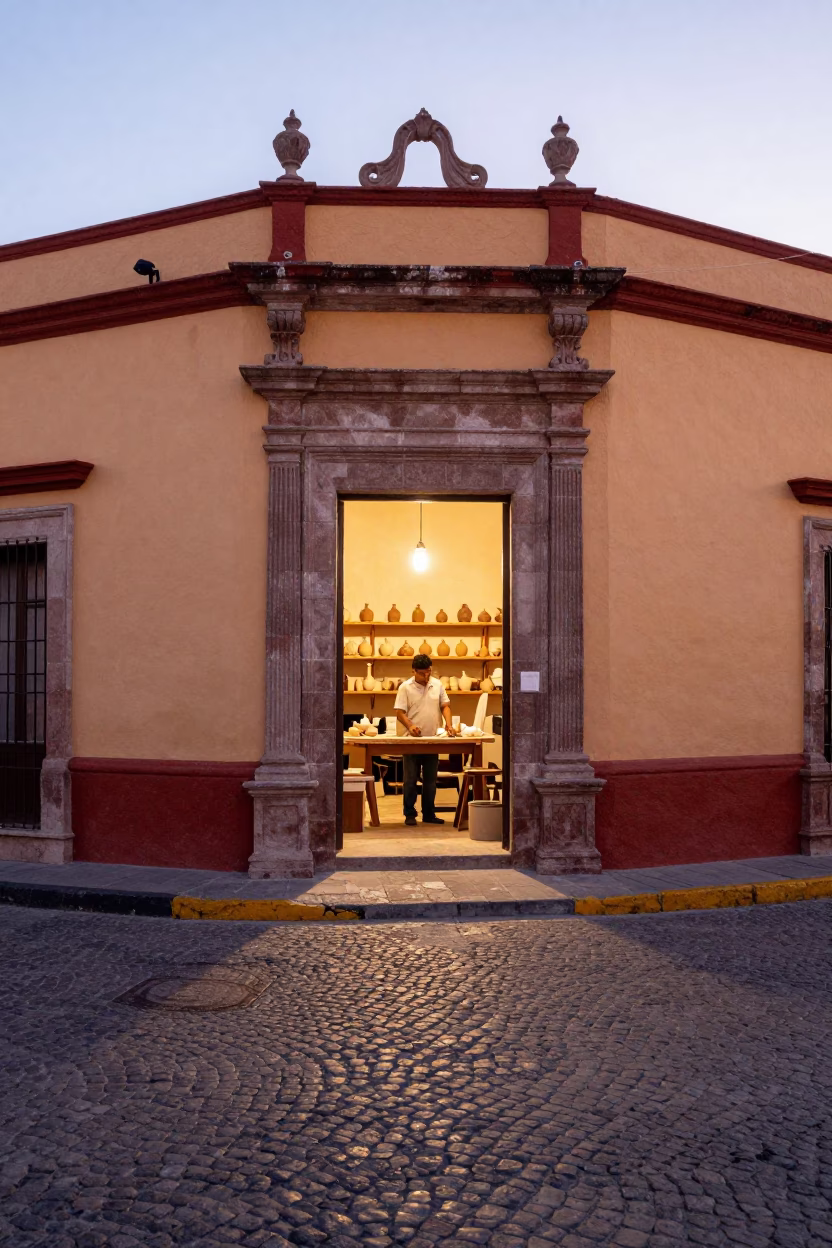 Dawn Light on Guadalajara Street Corner with Ceramicist and Clay in in Guadalajara, Mexico