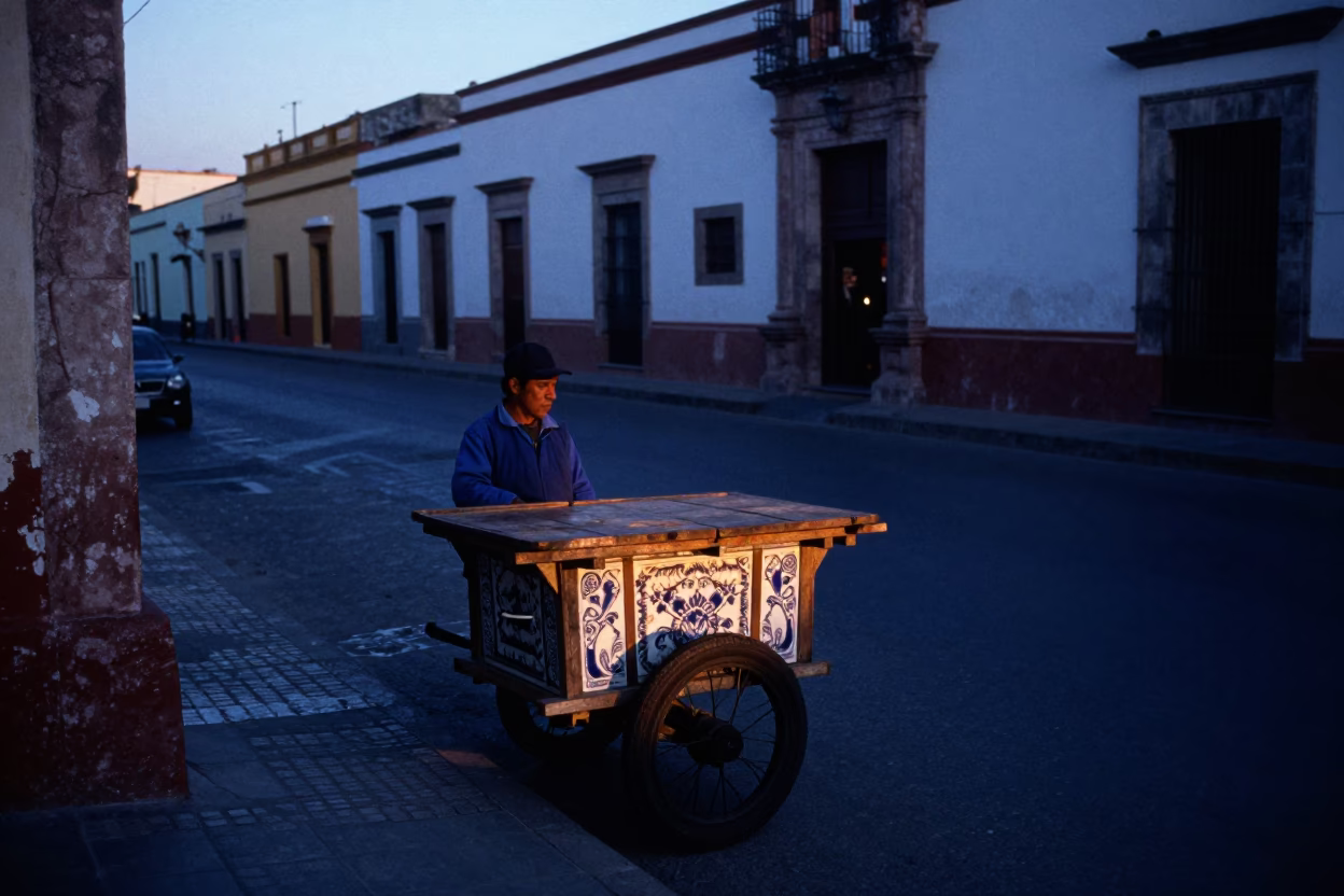 Dawn Light on Guadalajara Street Corner with Vintage Majolica and Amulet Details in in Guadalajara, Mexico