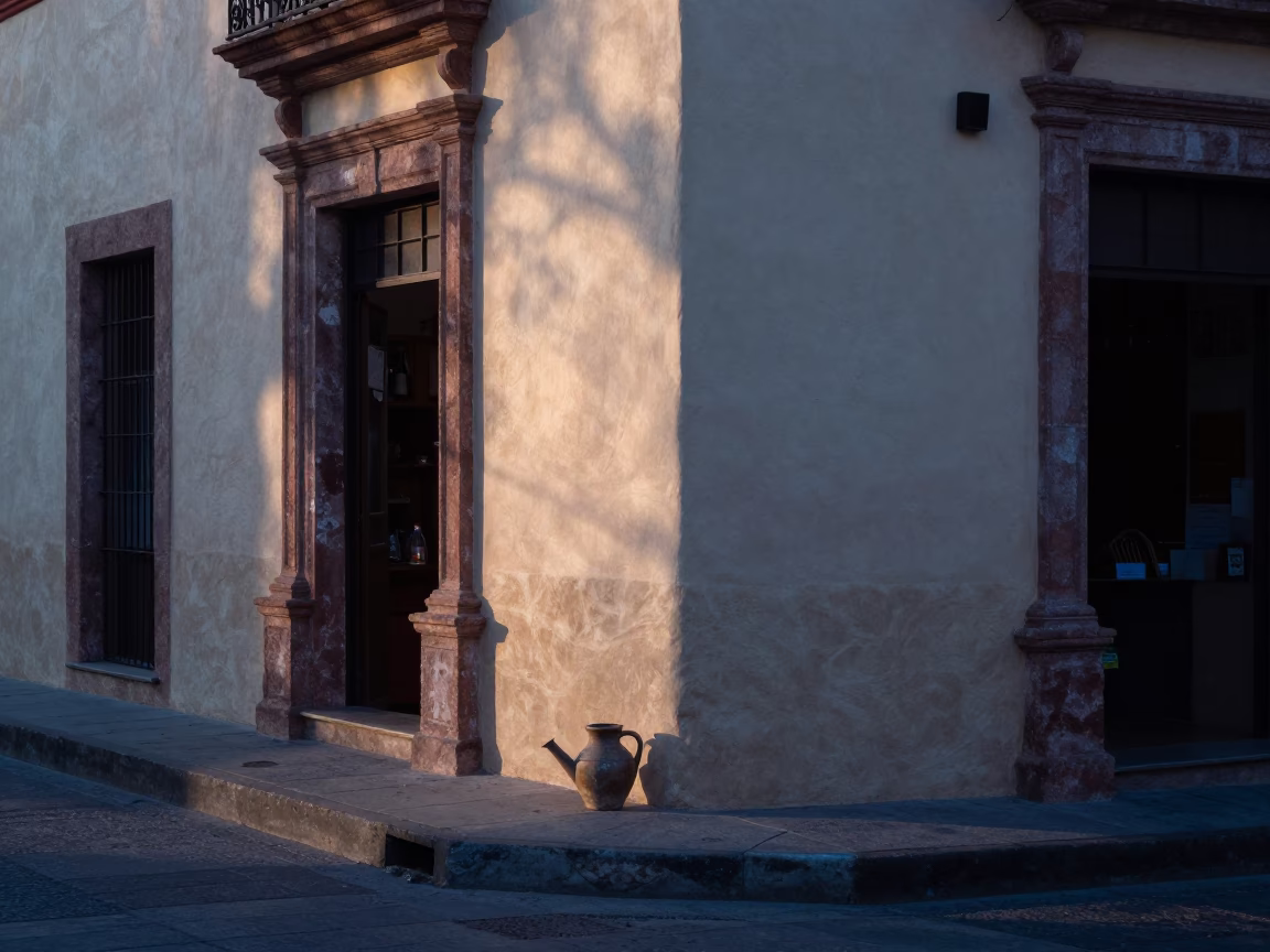 Dawn Light on Guadalajara Street Corner with Watering Jug and Ceramic Cup in in Guadalajara, Mexico