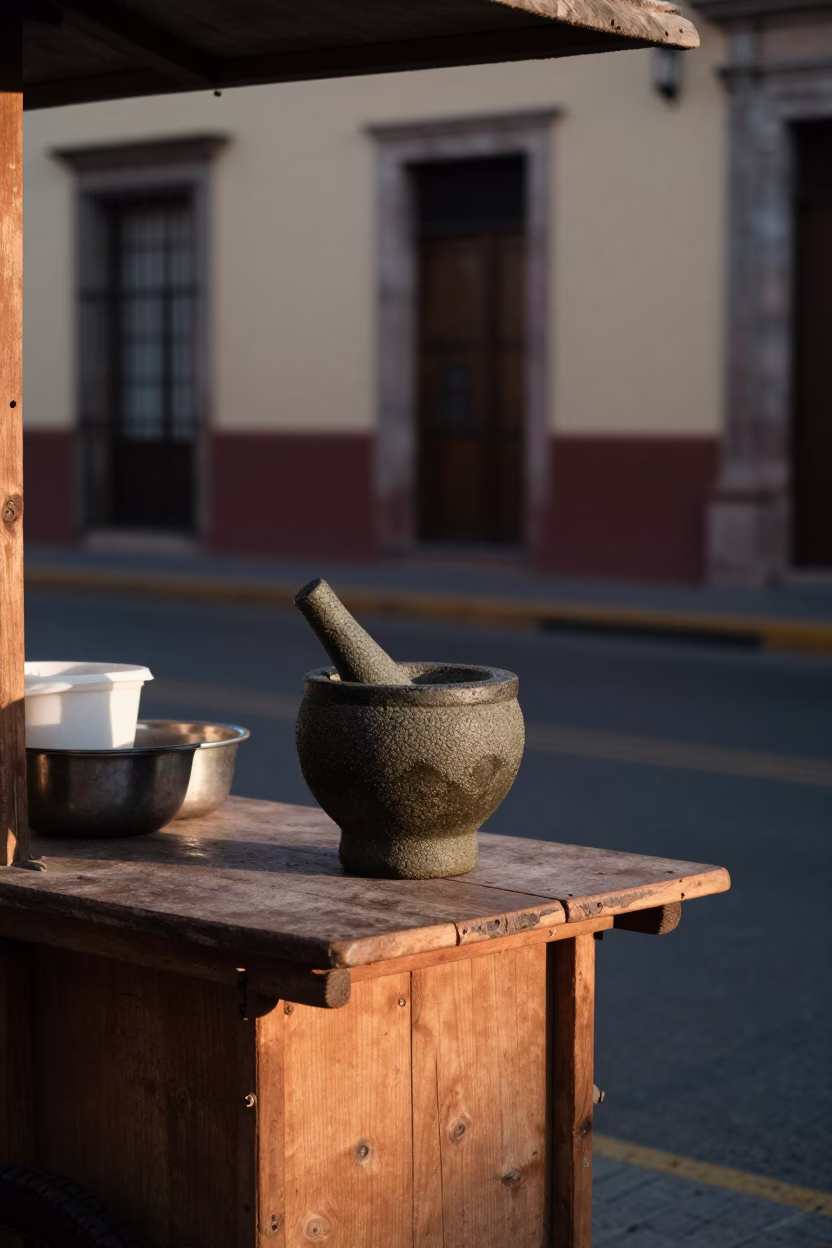 Dawn light on Guadalajara street vendor with molcajete and fresh tortillas in in Guadalajara, Mexico