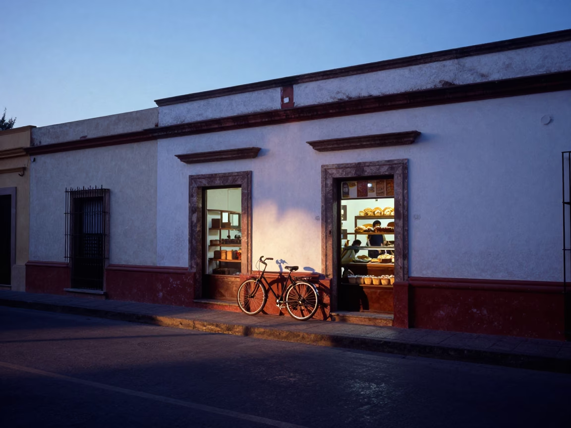 Dawn light on Guadalajara street with bicycle and bakery in in Guadalajara, Mexico