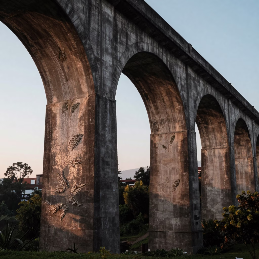 Dawn Light on Guadalajara Viaduct Arches and Damp Stone Ferns Before Sunrise in in Guadalajara, Mexico
