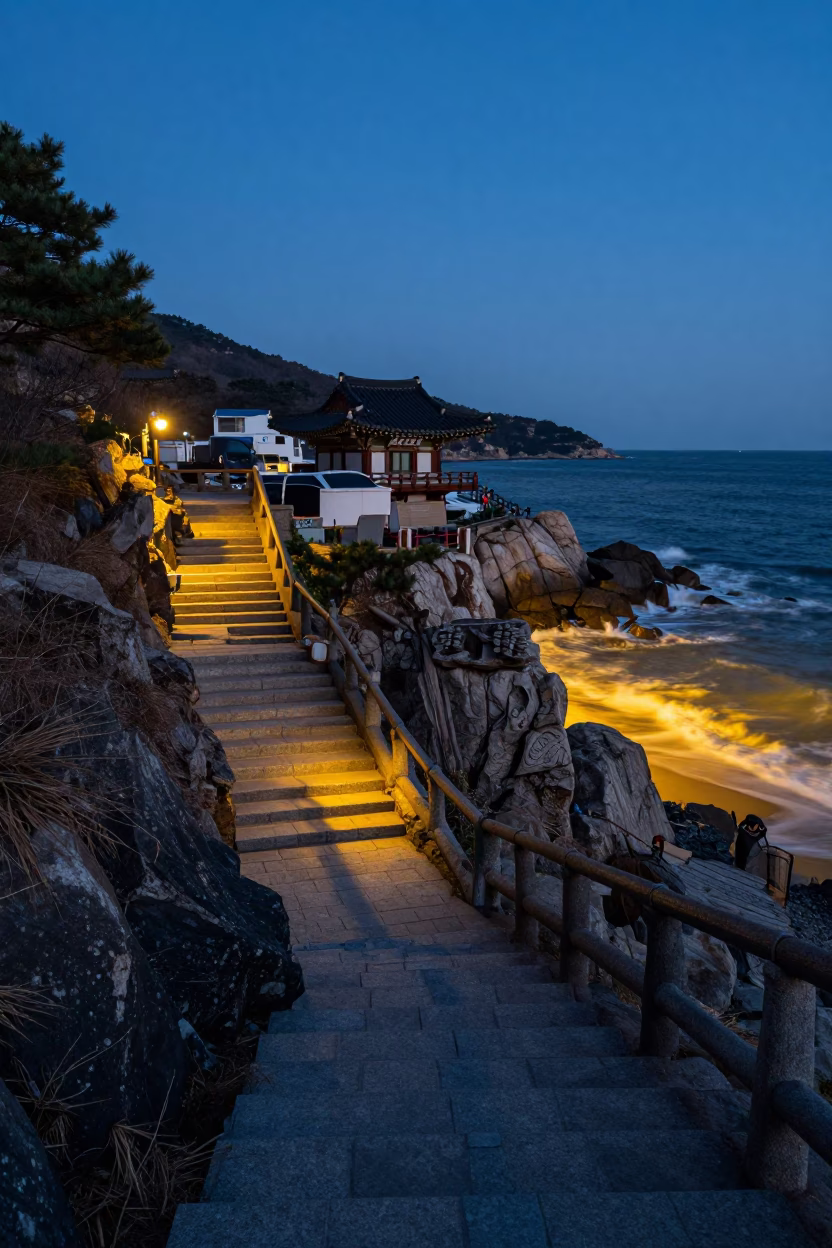 Dawn Light on Haedong Yongungsa Temple Steps and Ocean View in Busan South Korea in in Busan, South Korea