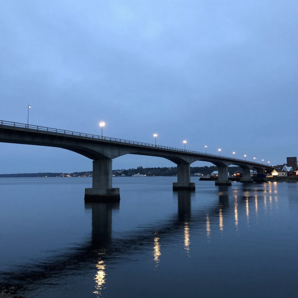 Dawn Light on Halifax Harbour Bridge Pier and Still Water Reflections in Nova Scotia in in Halifax, Nova Scotia, Canada