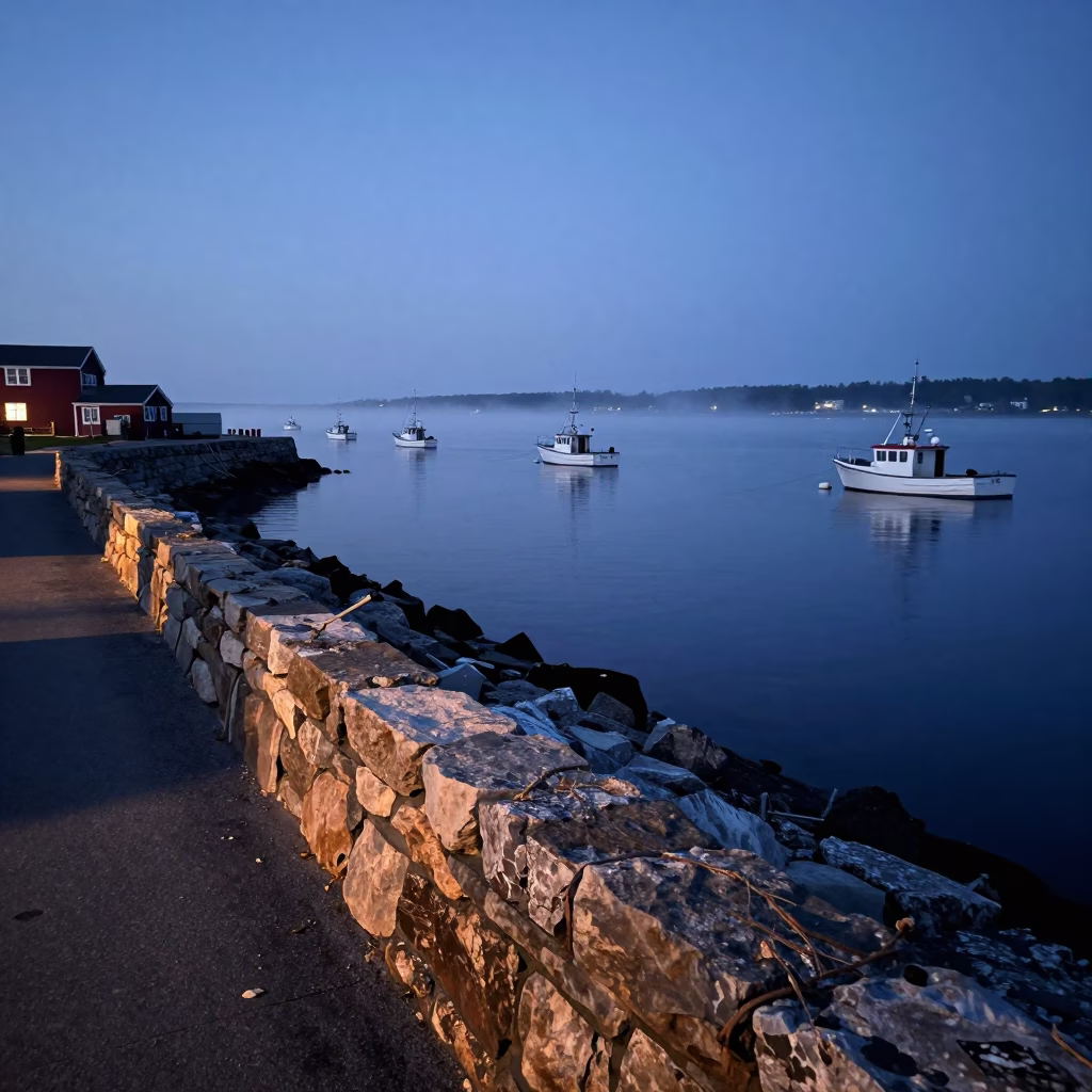 Dawn light on Halifax waterfront stone seawall and harbor moorings in in Halifax, Nova Scotia, Canada
