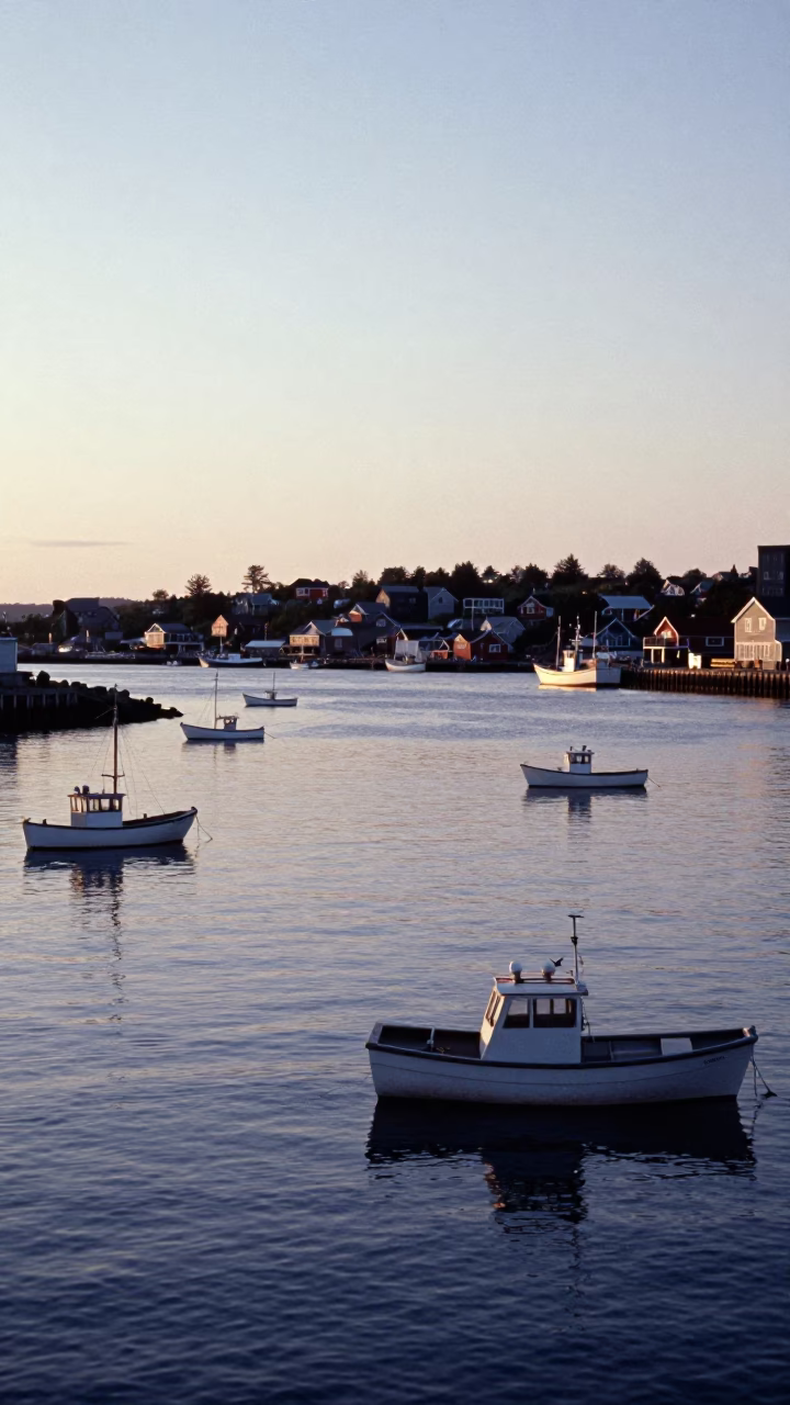 Dawn Light on Halifax Waterfront with Maritime Activity and Urban Skyline Reflections in in Halifax, Nova Scotia, Canada