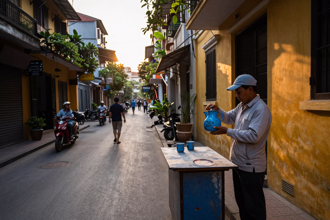 Dawn Light on Hanoi Street with Enamel Pitcher and Scooter in in Hanoi, Vietnam