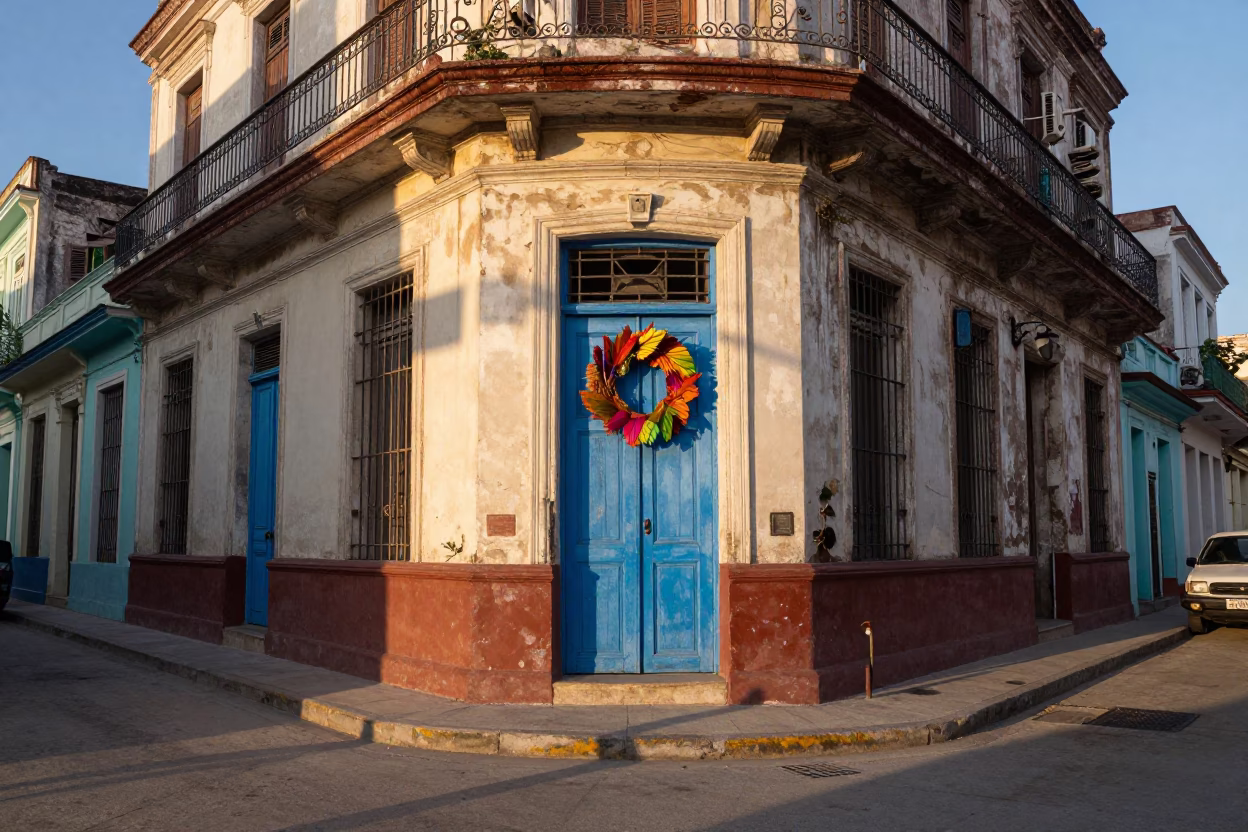 Dawn light on Havana street corner with colorful door wreaths and construction site in in Havana, Cuba
