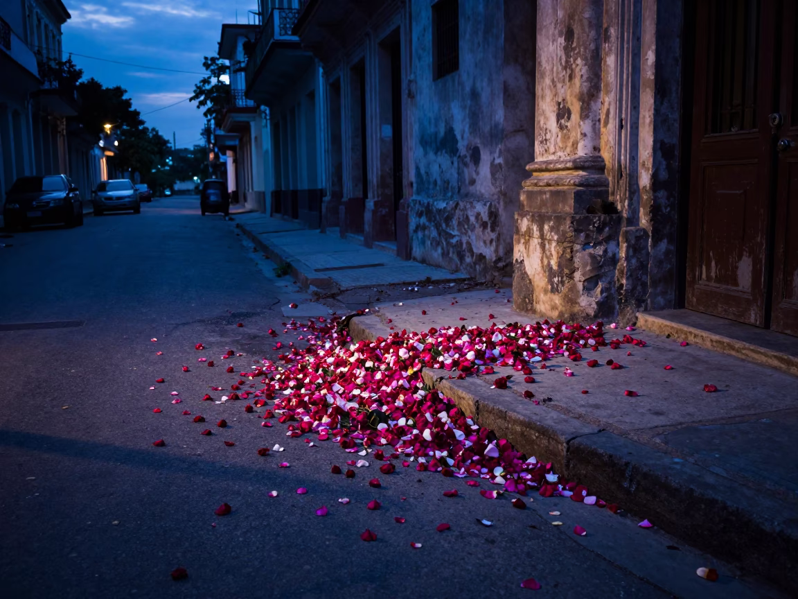 Dawn Light on Havana Street Corner with Fallen Rose Petals and Vintage Basketball in in Havana, Cuba